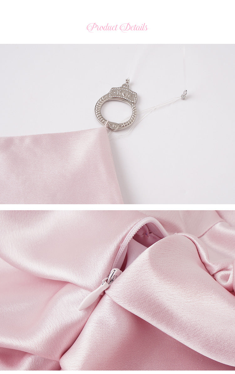 JELLOJELLO 24FW Metal Handcuff Strap Acetate Ruched Off-Shoulder Dress In Pink (Includes Faux Fur Choker)