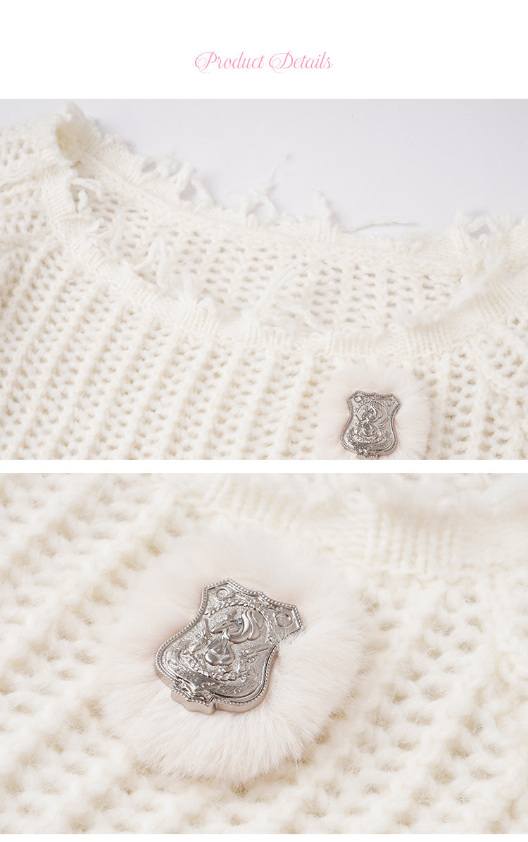 Jello Badge Hand-Cut Off-Shoulder Hollowed Wool Sweater