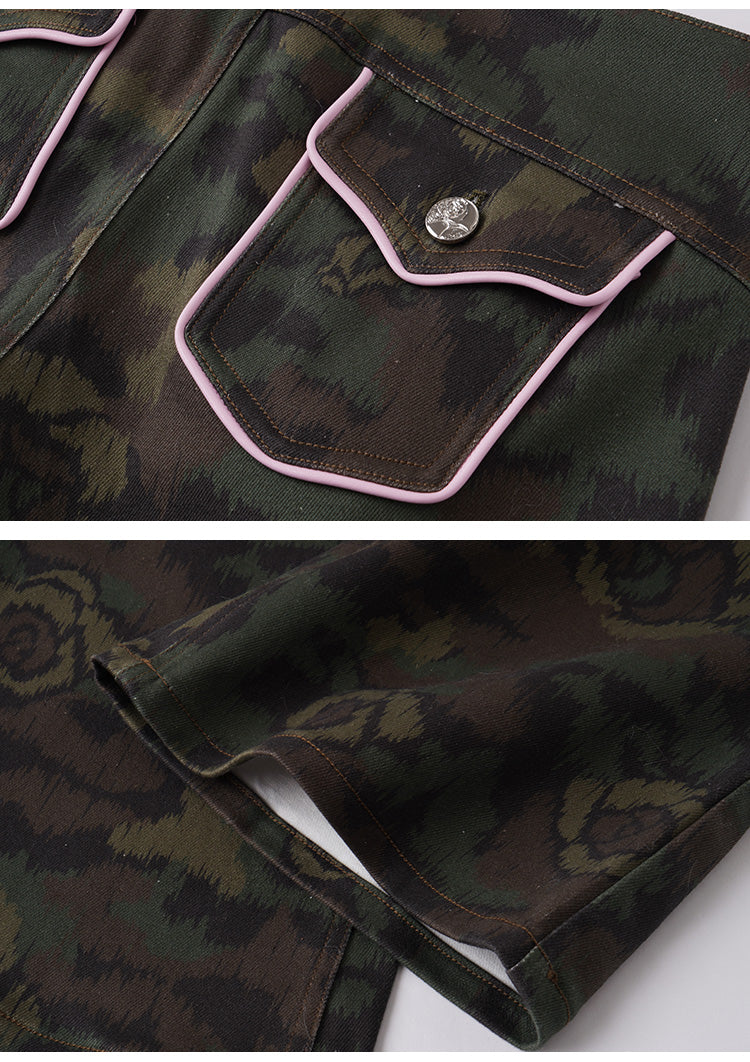 JELLOJELLO 24FW Rose Camouflage Patchwork Pink PU Handcuff Zipper Decor Low-Rise Denim Pants