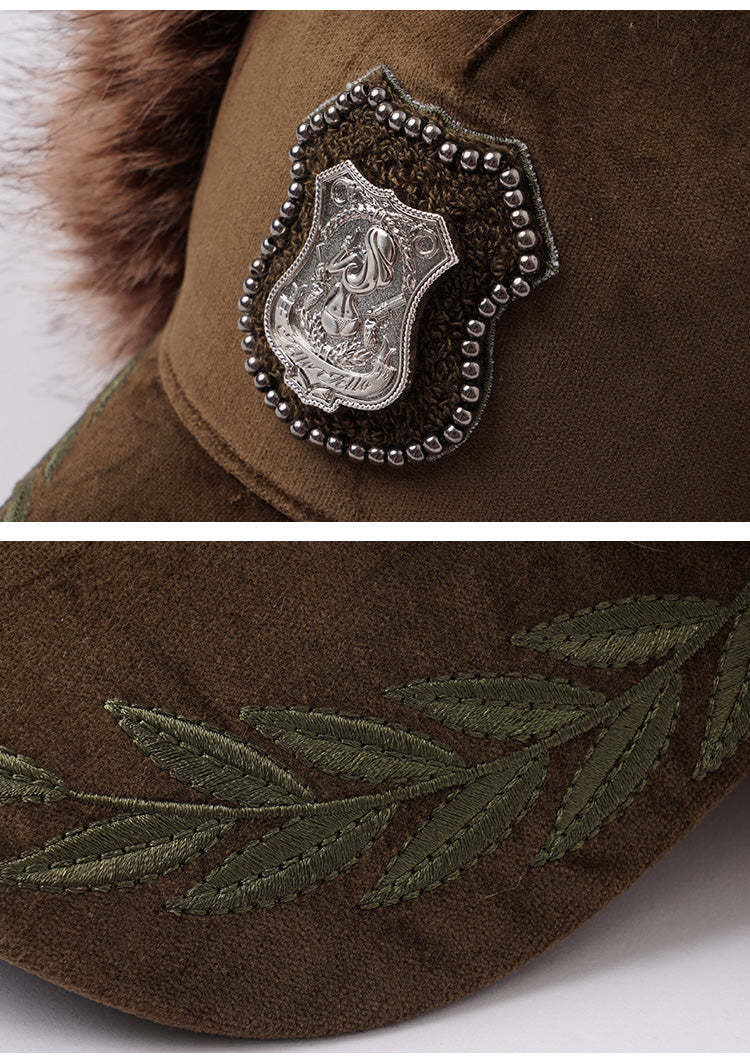 Jello Badge Baseball Cap In Army Green (with fur)