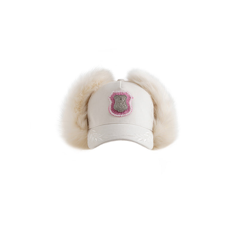 JELLOJELLO 24FW Police Badge Towel Embroidered Corduroy Baseball Cap In White (WITH FUR)