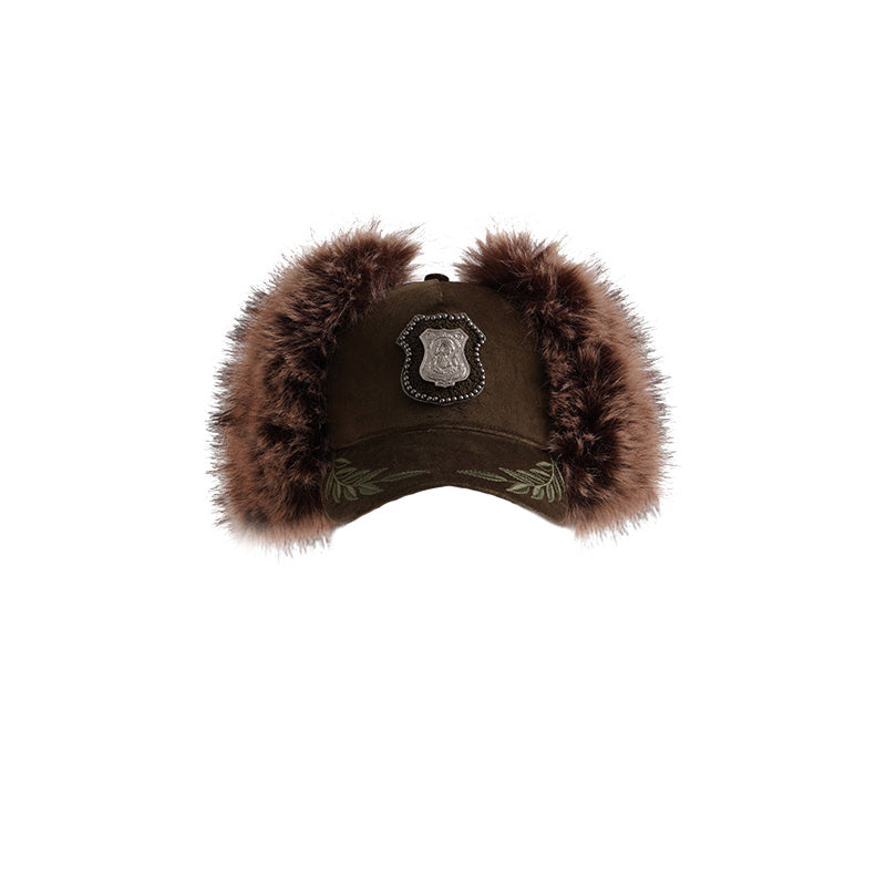 JELLOJELLO 24FW Female Police Badge Towel Embroidery Corduroy Baseball Cap In Army Green (WITH FUR)