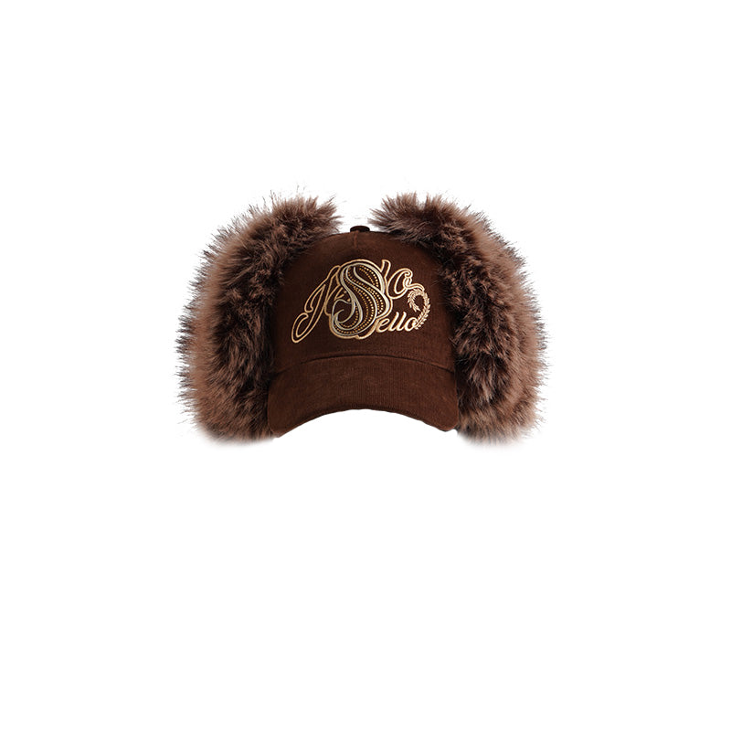 JELLOJELLO 24FW Gold Embroidery and Rhinestone Corduroy Baseball Cap In Brown (WITH FUR)