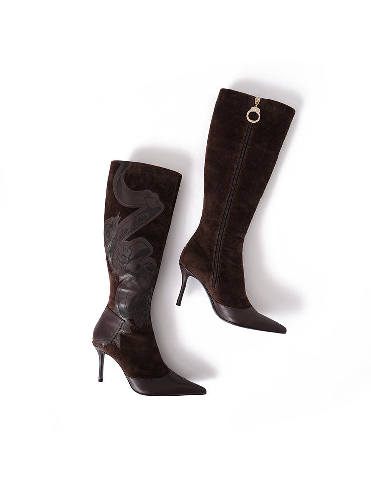 Cowhide Patchwork Corduroy Mid-calf Boots