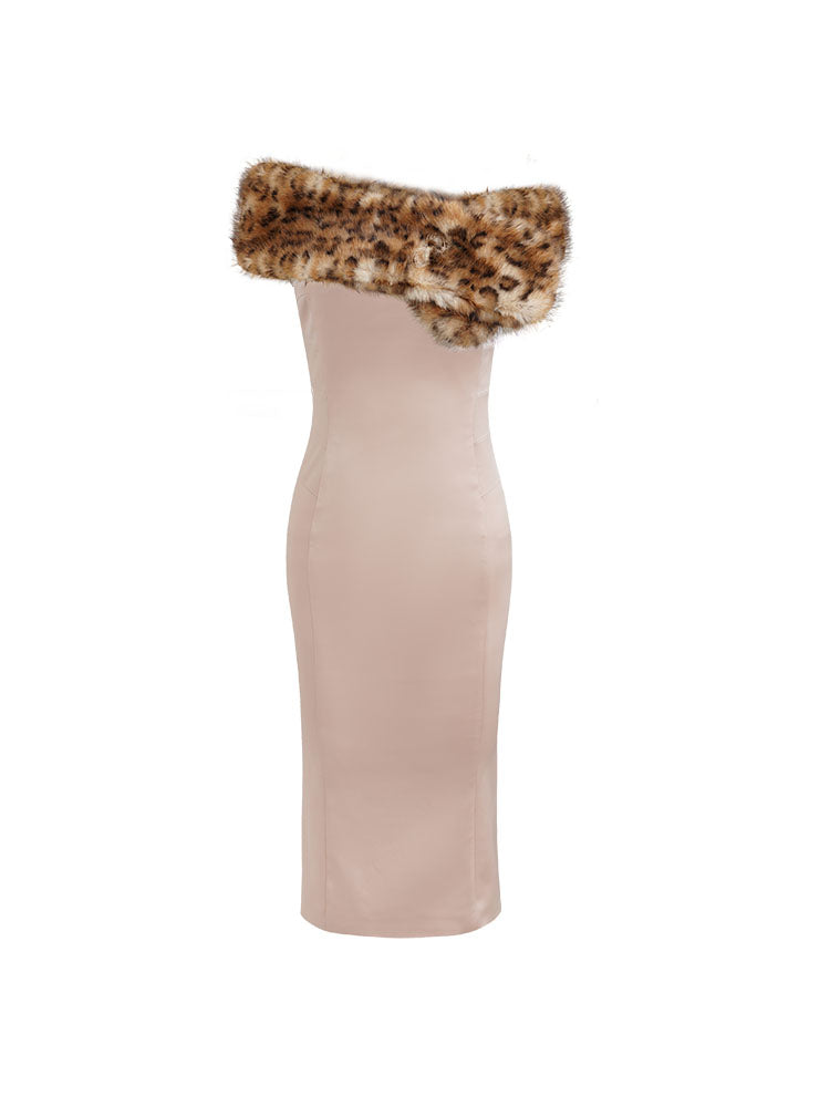 Faux Fur Shawl Strech Long Dress in Champagne