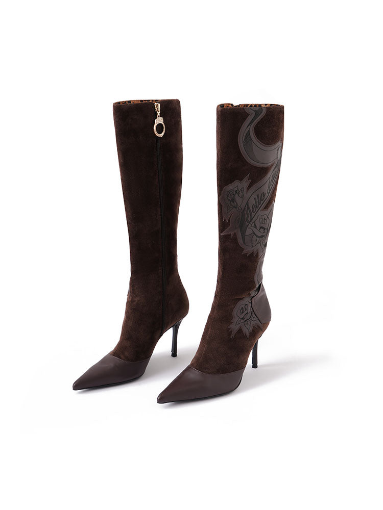 Cowhide Patchwork Corduroy Mid-calf Boots