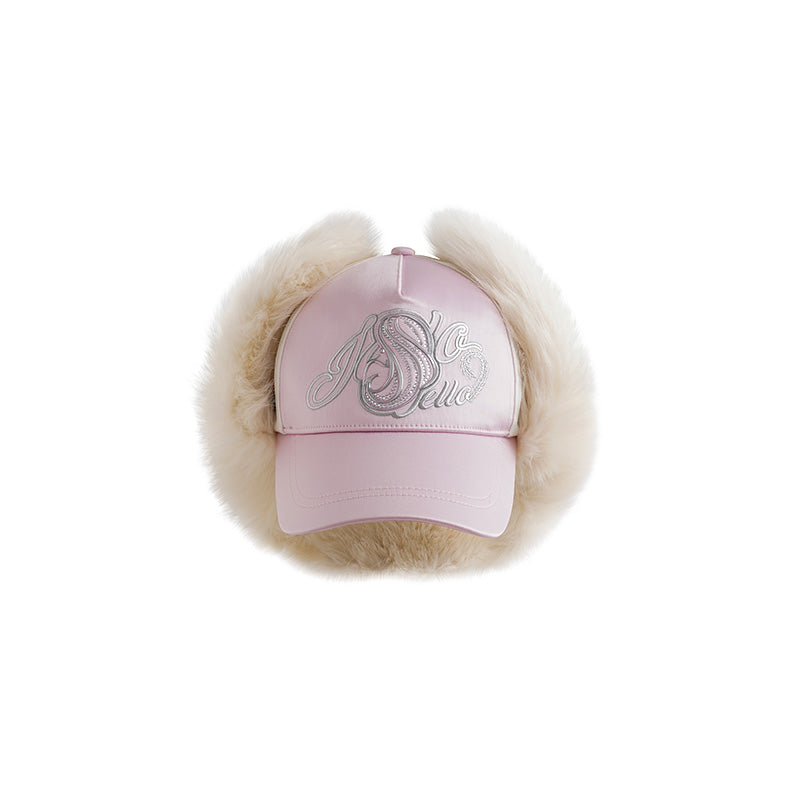 JELLOJELLO 2024FW Embroidered Rhinestone Police Badge Corduroy Fashion Baseball Cap In Pink (WITH FUR)