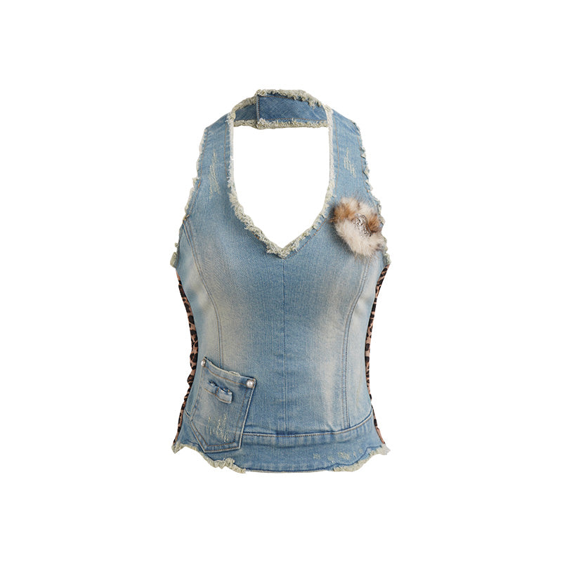 JELLOJELLO 24FW Faux Fur Police Badge Decor Denim Washed Distressed Spliced Leopard Chiffon Halter Top