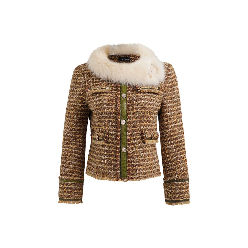 JELLOJELLO 24FW Woven Wool Boucle Jacket with Faux Fur Collar and Beauty Button Decoration