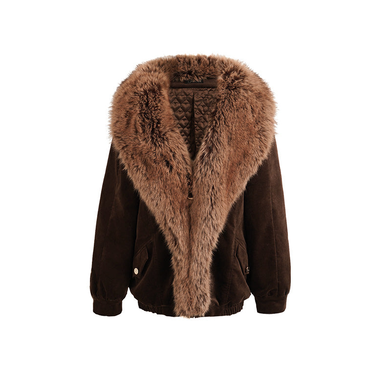 JELLOJELLO 24FW Heavy-Duty Heart Quilted Corduroy Patchwork Faux Animal Fur Oversized Coat