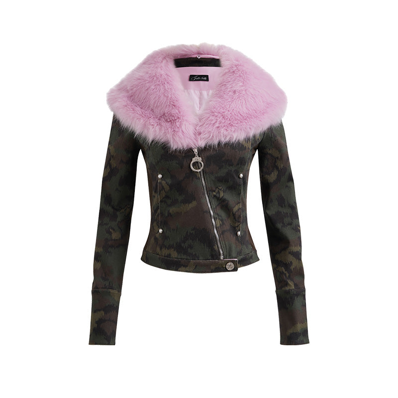 JELLOJELLO 24FW Rose Camouflage Denim Jacket with Handcuff Zipper Decoration and Embroidered Fur Collar