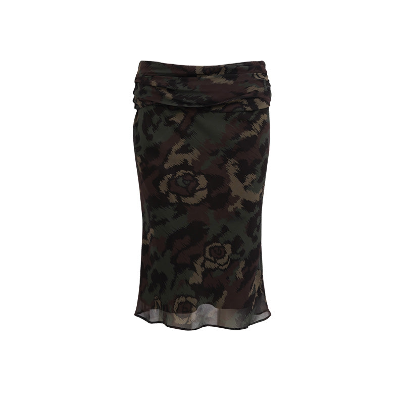 JELLOJELLO 24FW Rose Camouflage Ruched Waist Chiffon Midi Skirt