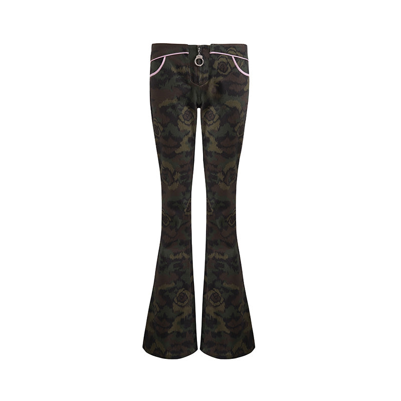 JELLOJELLO 24FW Rose Camouflage Patchwork Pink PU Handcuff Zipper Decor Low-Rise Denim Pants