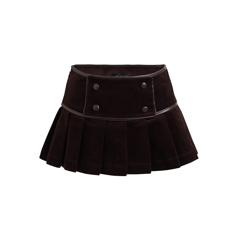 JELLOJELLO 24FW Corduroy and PU Leather Low-Rise Pleated Skirt