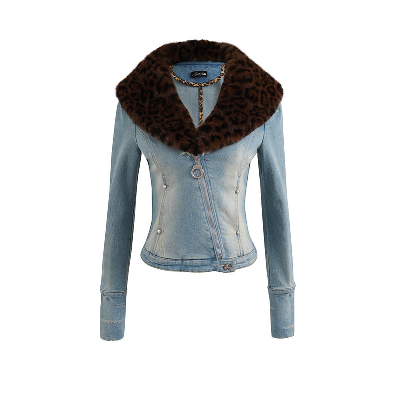 JELLOJELLO 24FW Vintage Wash Denim Jacket with Handcuff Zipper Decoration, Leopard Print Fur Collar, and Gold Thread Embroidery