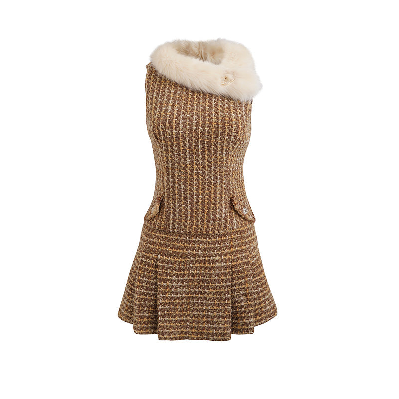 JELLOJELLO 24FW Woven Wool Tweed Spliced Fur Collar Elegant Buckle Decorated Dress in Brown