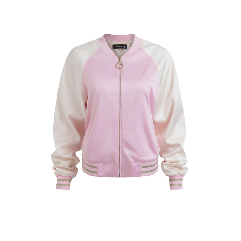 JELLOJELLO 24FW Handcuff Zipper Decoration Pink and White Color Block Acetate Baseball Jacket