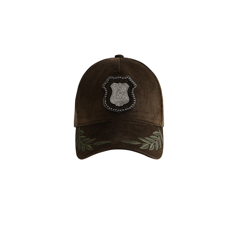 JELLOJELLO 24FW Female Police Badge Towel Embroidery Corduroy Baseball Cap In Army Green