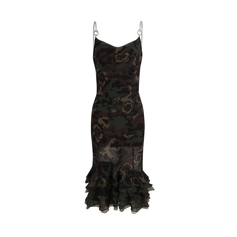 JELLOJELLO 24FW Rose Camouflage Dress with Handcuff Chain Shoulder Strap and Lace Inserts