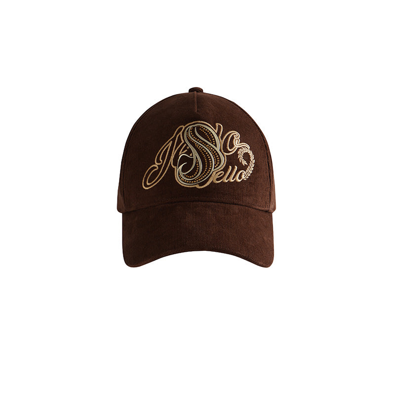 JELLOJELLO 24FW Gold Embroidery and Rhinestone Corduroy Baseball Cap In Brown