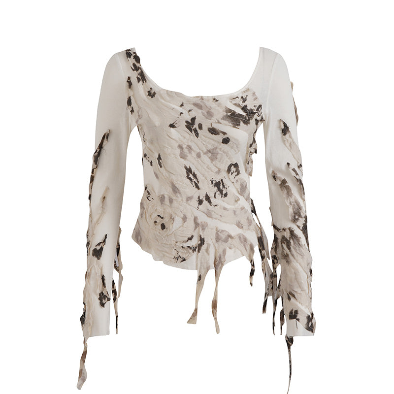 JELLOJELLO 24FW Handcrafted Positioned Ink Wash Leopard Print Ultra-Thin Silk Cotton U-Neck Base Layer Top