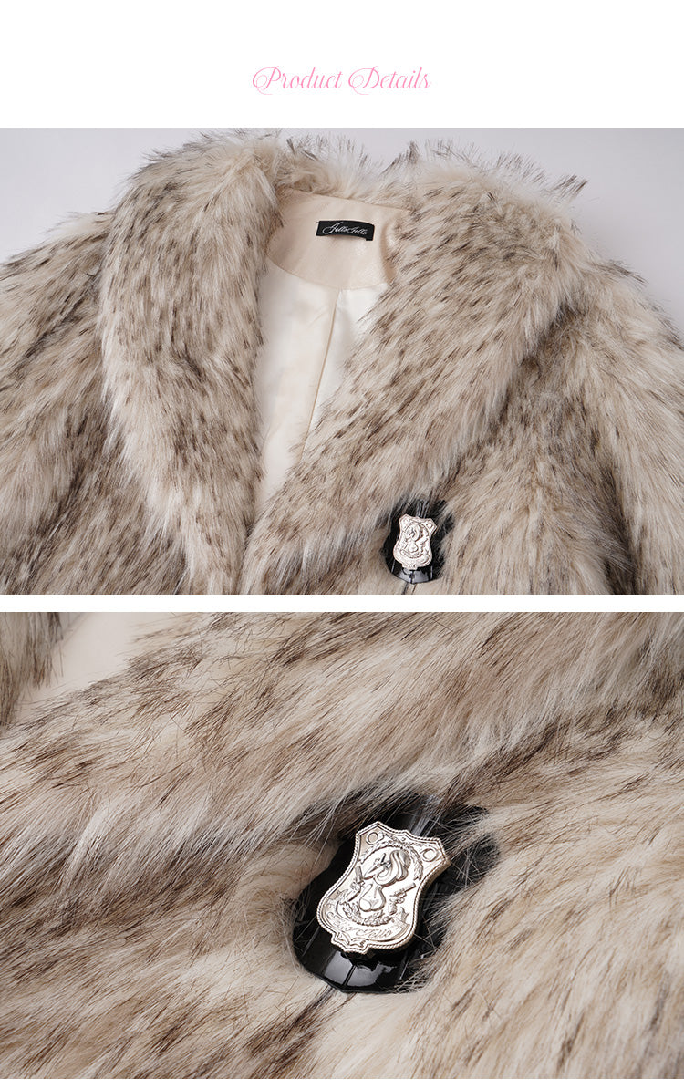 JELLOJELLO Limited Edition Animal Print Faux Leather Patchwork Faux Fur Coat with Crocodile Police Badge Decoration