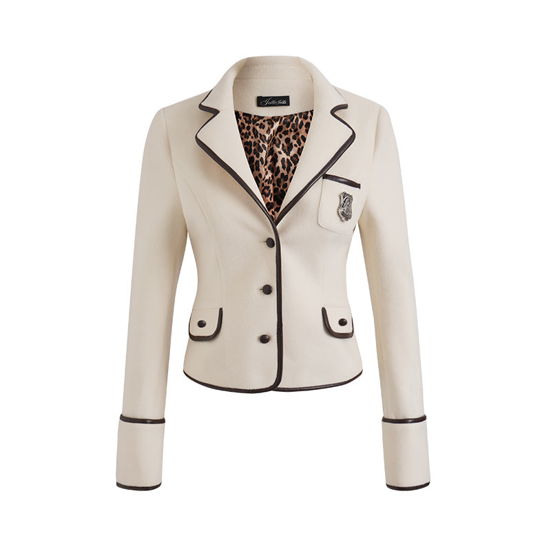 JELLOJELLO 24FW Cashmere Blend PU Badge-Decorated Academy Style Blazer